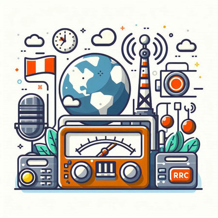 Radio set with world globe, radio receiver, speaker and microphone. Vector illustration.のイラスト素材
