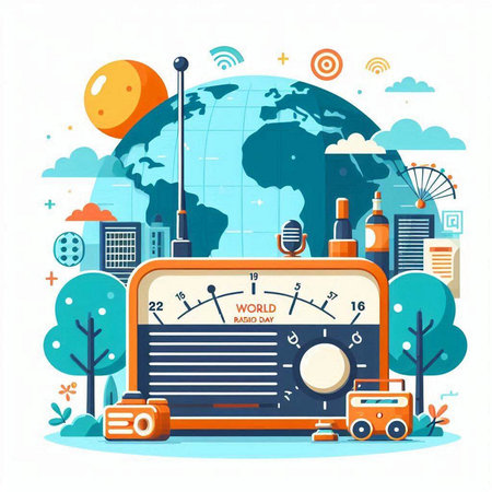 Vintage radio flat design vector illustration. Radio station with world map.のイラスト素材