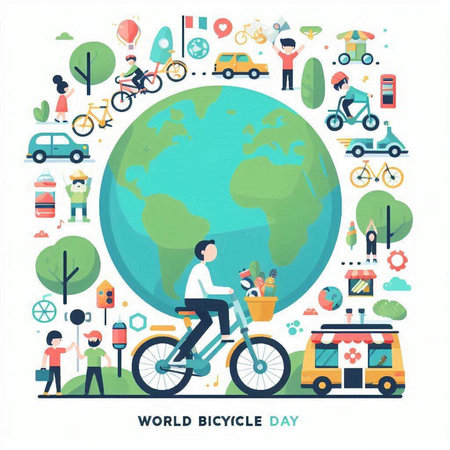 World Bicycle Day. Flat design vector illustration concept for web banners and promotional materials.のイラスト素材