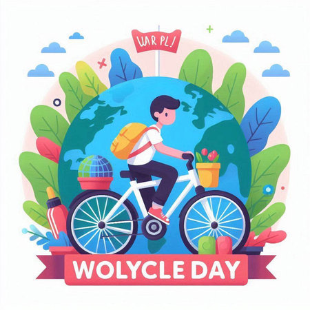 World cycle day vector illustration. Cartoon man riding bicycle with basket full of food.のイラスト素材