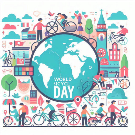 World Day concept. Vector illustration in flat design style with people, bicycle, globe, city.のイラスト素材