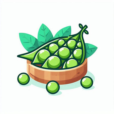Green peas in a wooden bowl. Vector illustration isolated on white background.のイラスト素材