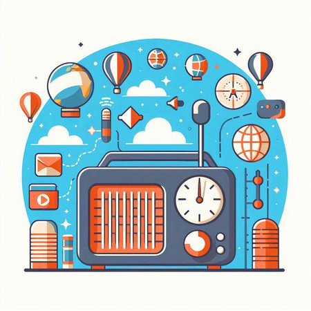 Retro radio with icons. Vector illustration in flat line style.のイラスト素材