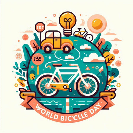 World Bicycle Day. Vector illustration with bicycle, car, lamp and other elements.のイラスト素材