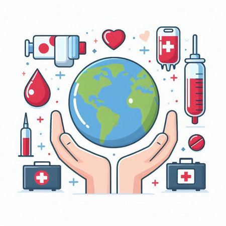 Vector illustration of hand holding earth globe with medical icons around. World Health Day concept.のイラスト素材