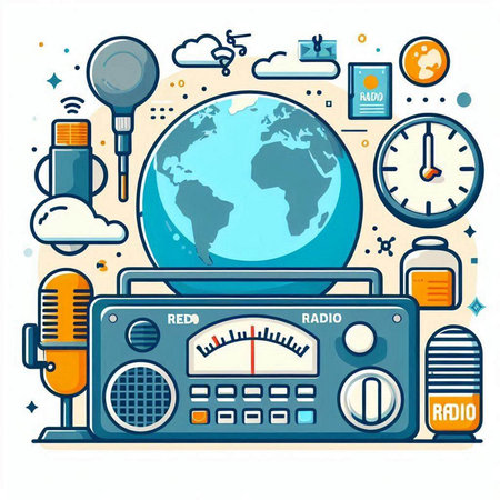 Vector illustration of retro radio with world globe. Retro radio set.のイラスト素材