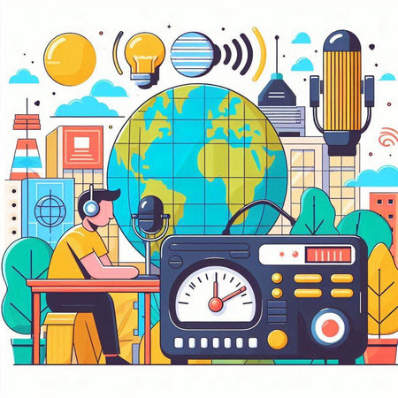 Radio station concept. Flat style vector illustration. Cartoon radio station with man and planet.のイラスト素材