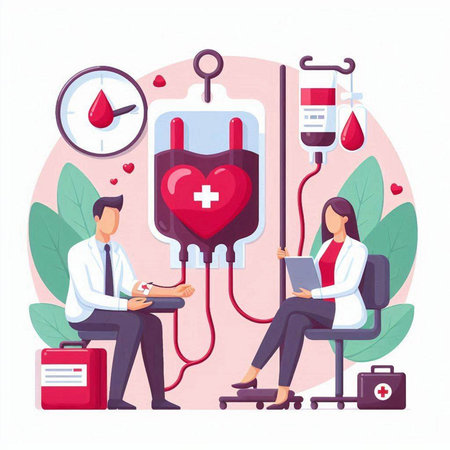Blood donation concept in flat style. Doctor and patient with blood bag vector illustration.のイラスト素材