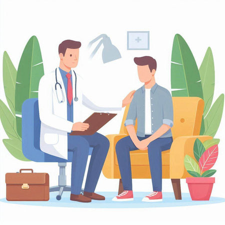 Male doctor and patient sitting in armchair. Vector illustration in flat styleのイラスト素材