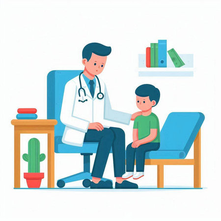Doctor pediatrician examining child patient. Vector illustration in flat cartoon styleのイラスト素材