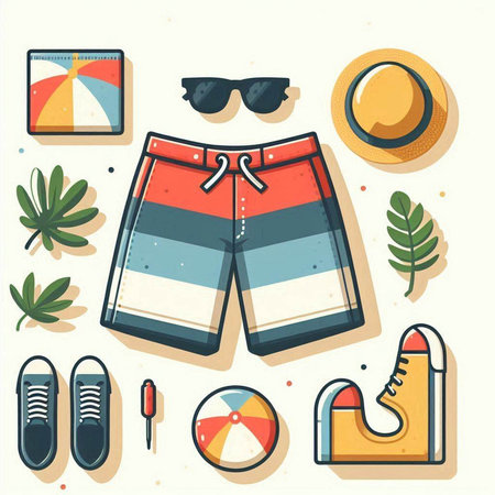 Summer set of beach objects. Vector illustration in flat cartoon style.のイラスト素材