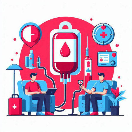 Blood donation concept. Flat vector illustration of blood transfusion. Blood donation concept.のイラスト素材