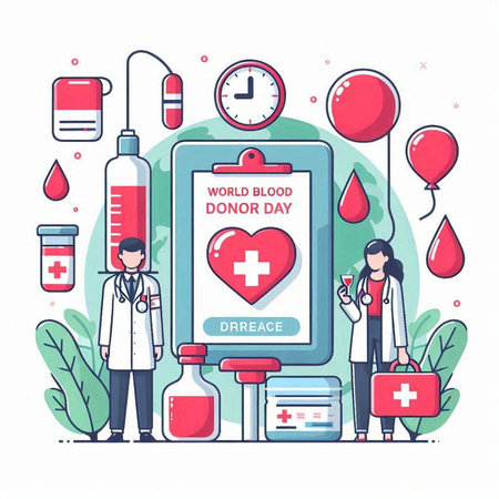 Blood donation concept. Doctor with stethoscope, syringe, blood test tube, first aid kit, heart and pills. Vector illustration.のイラスト素材