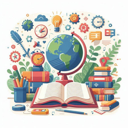 Back to school concept with globe, books, stationery. Vector illustration.のイラスト素材