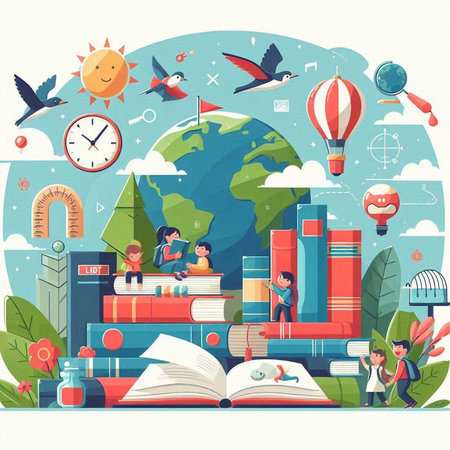 Vector illustration of children reading books on the background of the planet.のイラスト素材