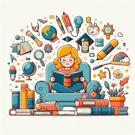 Vector illustration of a girl reading a book, surrounded by school supplies.のイラスト素材