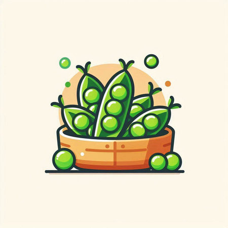 Peas in a wooden basket. Vector illustration, flat design.のイラスト素材