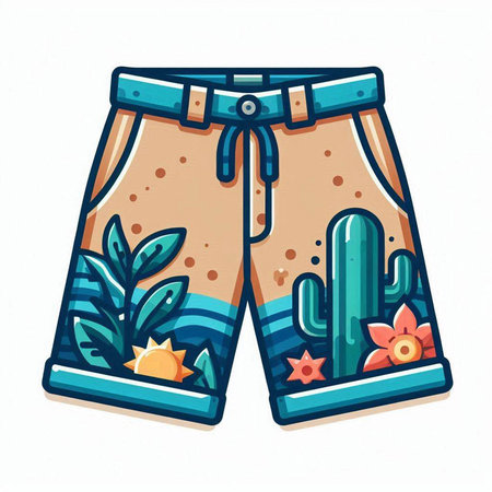 Beach shorts with cactus and starfish. Vector illustration.vector, icon, symbol, design, illustration, graphic, set, abstract, line, elementのイラスト素材