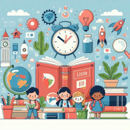 Back to school and education concept. Cute cartoon kids with books, globe, alarm clock, globe, rocket, globe, books. Vector illustrationのイラスト素材