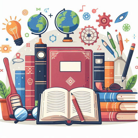 Vector illustration of an open book on the background of the school suppliesのイラスト素材