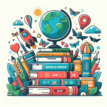 Back to school background with books, globe and rocket. Vector illustration.のイラスト素材
