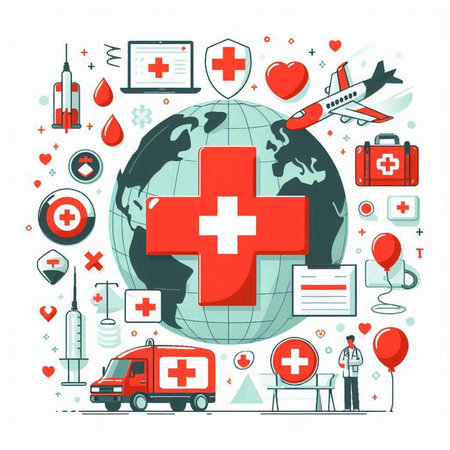 Medical and healthcare background with globe, ambulance, first aid kit and icons. Vector illustrationのイラスト素材