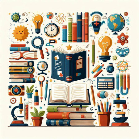 Back to school poster with books and education icons. Vector illustration.のイラスト素材