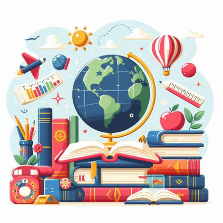 Back to school concept. Vector illustration in flat cartoon style. Books, globe, hot air balloon, airplane, globe, books.のイラスト素材