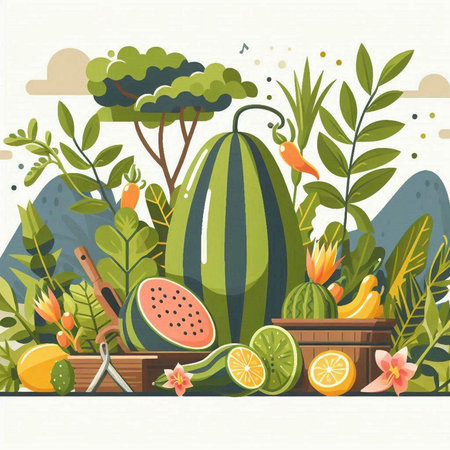 Tropical background with fruits and vegetables. Vector illustration in flat styleのイラスト素材