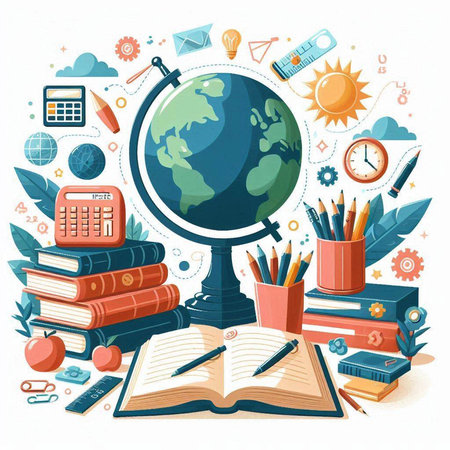 Back to school background with globe, books, pencils, stationery. Vector illustrationのイラスト素材