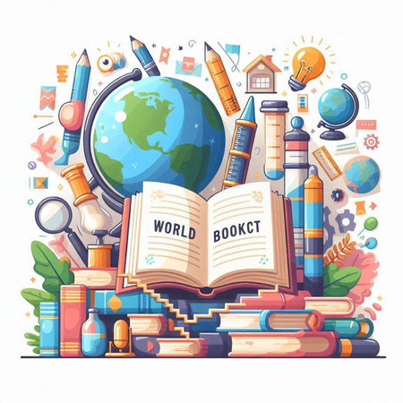 Welcome back to school concept. Vector illustration of books, globe, globe, pencils, magnifying glass and other school supplies on white backgroundのイラスト素材