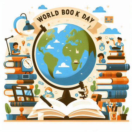 World Book Day. Vector illustration with globe, books, school supplies.のイラスト素材