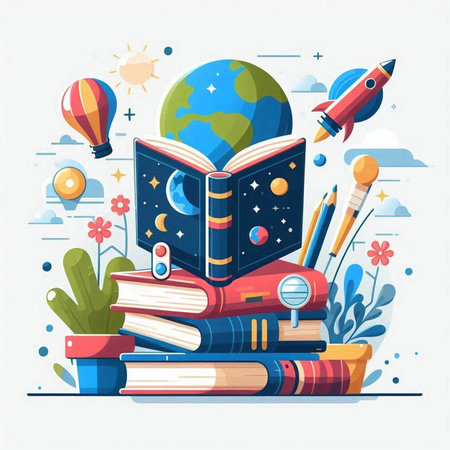 Vector illustration of books, rocket, globe, pencils. Education concept.のイラスト素材