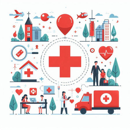 Medical care concept. Vector illustration in flat style with icons and elementsのイラスト素材