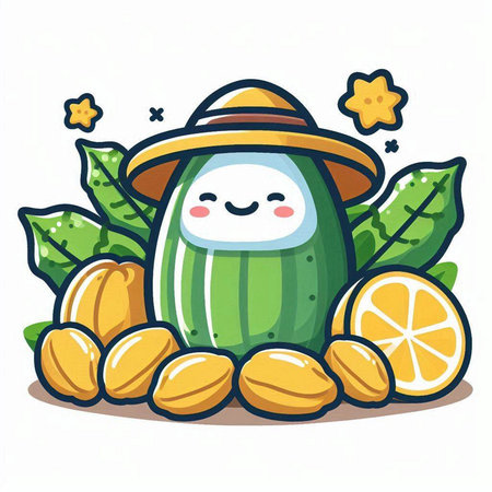 Cute kawaii cucumber with lemons. Vector illustrationのイラスト素材