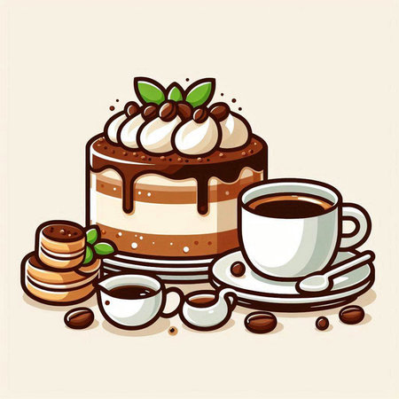 Illustration of a cup of coffee and a chocolate cake on a light backgroundのイラスト素材
