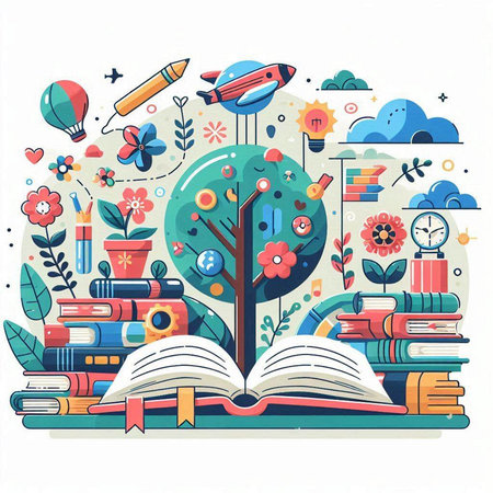 Vector illustration with books and tree on white background. Education concept.のイラスト素材
