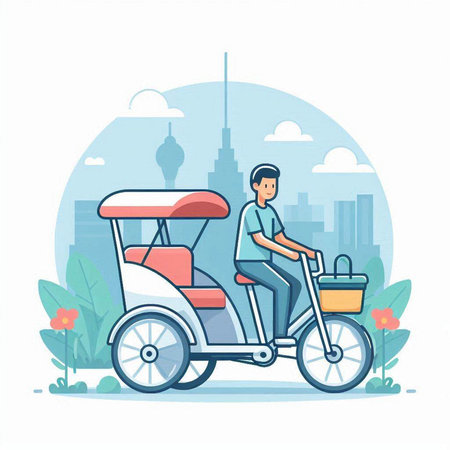 Man riding a tricycle in the city. Vector illustration in flat styleのイラスト素材