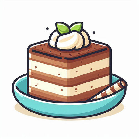 Illustration of a piece of cake with whipped cream on a plateのイラスト素材