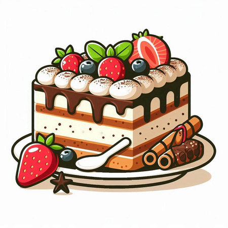 Illustration of a chocolate cake with strawberries and blueberries on a white backgroundのイラスト素材