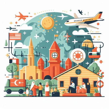 Travel and tourism concept. Vector illustration in flat style with travel icons.のイラスト素材