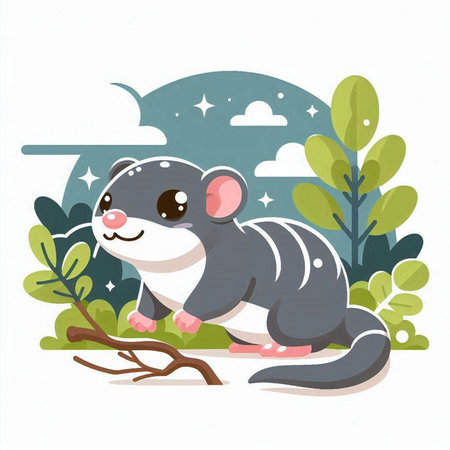 Vector illustration of cute little baby rat sitting on tree branch in forest.のイラスト素材