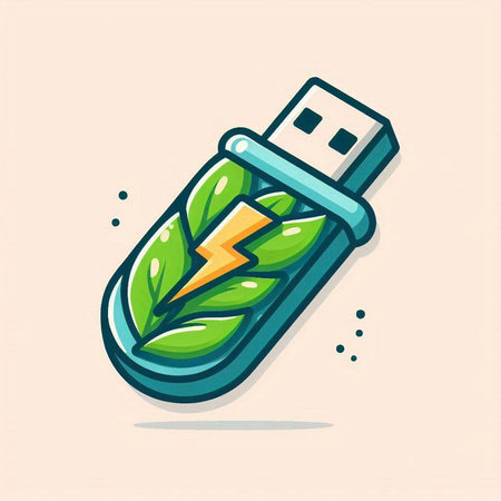 Vector icon of USB flash drive with green leaves in cartoon style.のイラスト素材