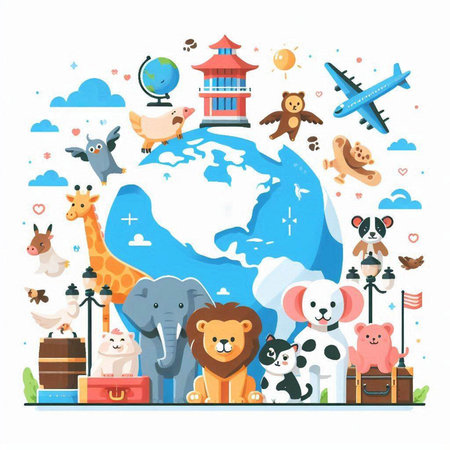 Traveling around the world with animals. Vector illustration in flat styleのイラスト素材