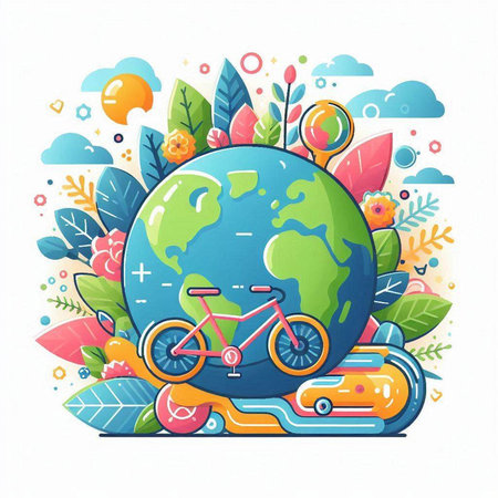 Ecology concept. Ecological transport, bicycle, globe. Vector illustrationのイラスト素材