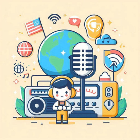 Vector illustration of a cartoon man with headphones holding a microphone and a world globe.のイラスト素材