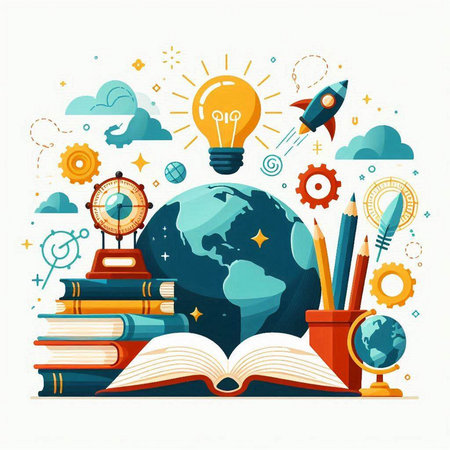 Back to school concept with globe, books, rocket, globe, light bulb, pencils and other elements. Vector illustration.のイラスト素材