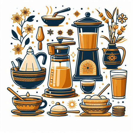 Coffee set with hand drawn elements. Vector illustration in flat style.のイラスト素材
