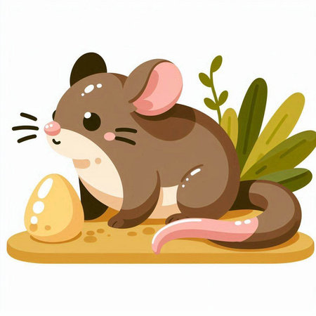 Illustration of a Little Brown Mouse Sitting on the Ground with an Eggのイラスト素材