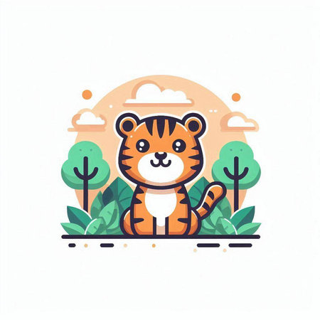Cute tiger in the forest. Vector illustration in flat style.のイラスト素材